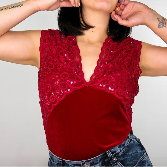 Y2k Cache Red Velvet Lace Blouse XS - Picture 1 of 4